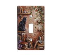 Placa de cubierta de interruptor de luz individual con diseño de gato, estantes rústicos vintage, estantes de plástico marrón otoño, placa de interruptor de tamaño estándar, decorativa para el hogar
