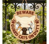 Placa de madera con diseño de gatos guardianes en el servicio, decoración de bienvenida para la puerta con cuerda para colgar, placa de pared rústica para casa, jardín o terraza (10 cm)