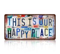 Placa de matrícula vintage para decoración de pared, con texto en inglés "This is our happy place" (This is our happy) con texto colorido de metal, letrero de metal divertido para bar, hogar, 15 x 30