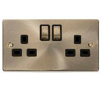 Placa De Pared Doble De 2 Gang De Bronce Antiguo Conmutada UK 13A