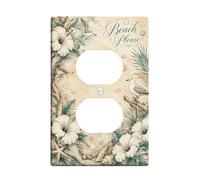 Placa de pared dúplex de hibisco, diseño de estrella de mar costera vintage costera de plástico verde apagado, tamaño estándar, doble toma de corriente, para sala de estar, dormitorio, decoración de
