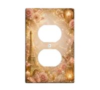 Placa de pared dúplex de la Torre de París, romántica mariposa vintage rosa primavera oro plástico, tamaño estándar, doble toma de corriente para dormitorio, baño, cocina, decoración de entrada