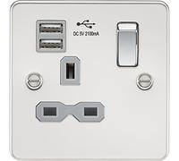 Placa plana 13A 1G Enchufe conmutado con cargador USB dual (2.1A) - Cromo pulido con inserto gris