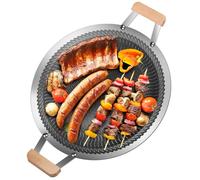 Plancha coreana de 34 cm, híbrida, redonda, antiadherente con asas de madera, calentamiento uniforme, acero inoxidable 316, sartén portátil para barbacoa apta para todo tipo de fuegos