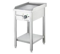 Plancha eléctrica de pie, con superficie de cocción tipo parrilla, diseño abierto para instalación debajo de la encimera, dimensiones 400x700