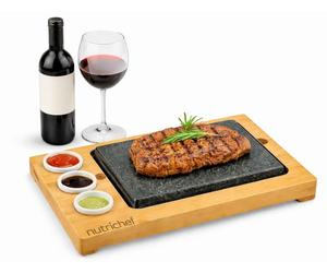 Plancha para parrilla NutriChef con piedras calientes: juego de parrilla de mesa con bambú y cerámica, ideal para carne y cenas