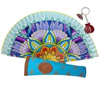 Planta Color Abanicos Flores, Paisajes y Figuras de Colores con Funda Artesanal. Precioso Abanico de Madera con Funda Fabricada en España. (Mandalas Azul)