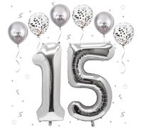 Plata Número 15 Globos, 40 Pulgadas Papel Aluminio Grande Número 1 y 5 Globos, Globos de Helio número 51, Globos de Cumpleaños 15 Para Hombres Mujeres Fiesta Aniversario (Nummer 15/51)
