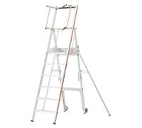 Plataforma con barandilla corta, protección contra caídas, ruedas, soporte abatible, superficie antideslizante R11, longitud de la escalera 2.610 mm, 6 escalones, capacidad de carga 150 kg, marca Hyme
