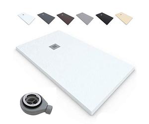 Plato de Ducha Extraplano EstiloBaño®TERRA Resina Antideslizante Textura Pizarra - Todos Tamaños Disponibles - 90x160, Blanco RAL-9003 - Incluye Válvula Desagüe + Rejilla