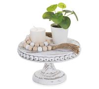 Plato de madera para tartas, de 20 cm de diámetro, color blanco, con borde decorado con perlas, estilo rústico