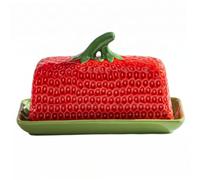 Plato de mantequilla de cerámica con tapa, bonito recipiente navideño para mantequilla de fresa para encimera, rojo