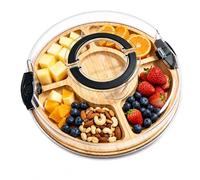 Plato de servir con tapa, tabla de servir de bambú y tabla de queso con tapa para aperitivos y antipasti, plato redondo portátil, charcuterie, 30 x 30 x 6,5 cm