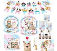 Platos de papel para fiesta de gato, vasos, servilletas, suministros para fiesta, cara de gato, cartel de feliz cumpleaños, mantel para decoración de fiesta de cumpleaños con temática de gato Tablewar