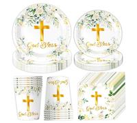 Platos y servilletas de primera comunión, juego de platos y servilletas de primera comunión, decoraciones para fiesta de bautismo con vasos, 7 9 pulgadas, blanco dorado