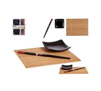 MAXHOME-Set sushi ceramica bambu negro 6 piezas,Plato: 10 x 10 x 3 cm + Esterilla: 25 x 20 cm + Palillos 24 cm