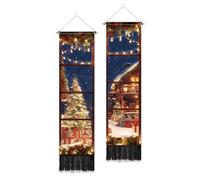 PLIGREAT Pack de 2 tapices navideños para colgar en la pared con borlas para ventana, noche nevada, árbol de Navidad, casa tapices para dormitorio, sala de estar, decoración del hogar
