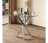 PLLBIKK Mesa de comedor redonda 80 x 80 x 75 cm, tapa de cristal templado con patas de metal galvanizado, mesa de comedor pequeña, para salón, cocina, comedor, 2-4 personas, color plateado