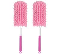 Plumero de microfibra para limpieza, plumeros con poste de extensión telescópico, mini plumero extensible lavable para suministros de limpieza de automóviles, ventanas, muebles, oficina (rosa, paquete