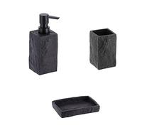 PLUS HOME Juego de dispensador baño poliresina Efecto Piedra 3 Piezas Incluye dispensador 17 * 6cm,Vaso 11 * 6.5cm, jabonera 13 * 2cm.Negro