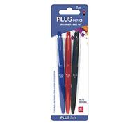 Plus Office - Bolígrafos PLUS Soft Pack de 3 Bolígrafos Retráctiles, Escritura y Tacto ultra suave, Tinta fluida Viscosa, Óptimo para uso de oficina, casa y escolar, Color Azul, Rojo, Negro