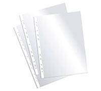 Plus Office - Fundas multitaladro de polipropileno 100% reciclable, fundas para documentos de gran apertura, lomo reforzado. 100 unidades. (Transparente - Cristal, Folio - 90 micras)