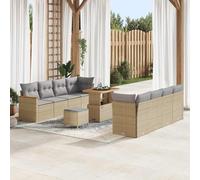 Polirratán modular acolchado exterior elegante 12 uds Beige 90x55x71cm | Juego de Sofás Modulares de Jardín 12 uds para 10 Personas Beige Polirratán con Mesas de Acacia Exterior