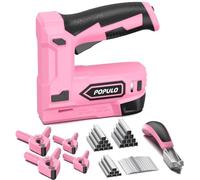 POLULO Rosa Pistola de Grapas Eléctrica 2 en 1 Inalámbrica 4V con Batería Litio, USB-C, Incluye Clips, Removedor, 2600 Grapas y Clavos para Tapicería, Reparación de Muebles, Alfombras y Bricolaje