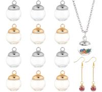 PONABEADIY 1 caja 60PCS bola de deseoss transparente 10mm Amuletos globos de cristal con tapa de bail de oro plateada Botella redonda mini globos vacíos transparentes soplado para joyería collares col