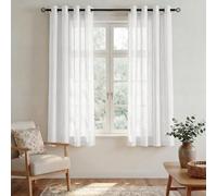 PONY DANCE Cortinas Blancas Cortas 2 Piezas,Translucidas para Cocina | 132x137cm(AnxAl), Visillos Efecto Lino para Ventana Lateral, Ligeras y Transpirables, Filtrado de Luz, con Ojales