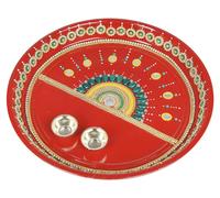 Pooja Thali, acero inoxidable, color rojo, 25,4 cm, fabricado a mano con incrustaciones de piedra