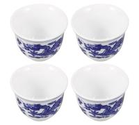 POPETPOP Set de 4 Tazas de Cerámica Azul y White Estilo Hey Girl Tea, Pequeñas y Elegantes, Capacidad 25ml, Cómodas de Sostener y Aptas para Lavavajillas