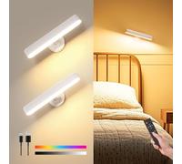 PopoIron Apliques de pared recargables de 7500 mAh, funciona con pilas, lámpara de pared LED inalámbrica, control táctil y remoto, 3 colores, rotación de 360°, brillo regulable con 15 colores RGB