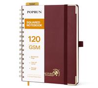 POPRUN Cuaderno A5 Cuadriculado con Espiral Libreta Bonita, Borgoña | 120g/m² 141 Páginas Cuadernos de Notas con Pestañas de Indice, Bolsillo, Diario para Viaje Dibujo Escribir, 15 x 21.5cm