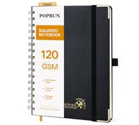 POPRUN Cuaderno A5 Cuadriculado con Espiral Libreta Bonita, Negro | 120g/m² 141 Páginas Cuadernos de Notas con Pestañas de Indice, Bolsillo, Diario para Viaje Dibujo Escribir, 15 x 21.5cm