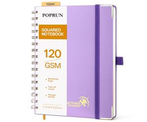 POPRUN Cuaderno A5 Cuadriculado con Espiral Libreta Bonita, Violet Claro | 120g/m² 141 Páginas Cuadernos de Notas con Pestañas de Indice, Bolsillo, Diario para Viaje Dibujo Escribir, 15 x 21.5cm