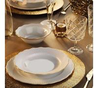 Porland Frilly Vajilla de Porcelana - 18 Piezas Blanca y Dorada - Completa y Elegante para 6 Personas