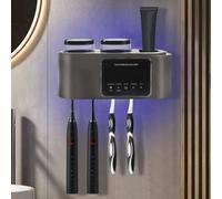 Porta Cepillo de Diente,Soporte para Cepillo De Dientes de Pared con Función Esterilizador,Soporte Cepillos Electricos y Compartimento de Almacenamiento,4 Ranuras para Cepillos,2 Tazas (Gris)