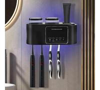 Porta Cepillo de Diente,Soporte para Cepillo De Dientes de Pared con Función Esterilizador,Soporte Cepillos Electricos y Compartimento de Almacenamiento,4 Ranuras para Cepillos,2 Tazas (Negro)
