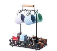 Porta-Tazas 2 en 1 para Encimera | Elegante Árbol para 4 Tazas Grandes con Cesta de Almacenamiento | Organiza Accesorios y Cápsulas de Café | Metal Negro