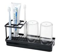 Portacepillos de dientes para baño con 2 vasos de enjuague, 4 ranuras de metal para cepillo de dientes eléctrico, organizadores de cepillos de dientes y almacenamiento para encimera familiar (negro)