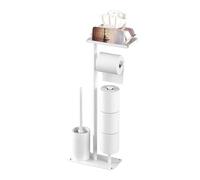 Portarrollos de papel higiénico de pie con escobilla y bandeja para papel | Juego de 4 ruedas con almacenamiento, 3 en 1, soporte para rollos de baño, color negro