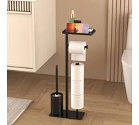 Portarrollos de Papel Higiénico de Pie con Soporte para Escobilla y Bandeja de Almacenamiento, Soporte Magnético Multifuncional Vertical Grey