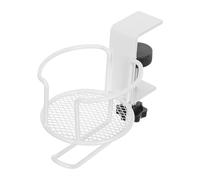 Portavasos de Escritorio Blanco con Clip y Gancho para Auriculares | Metal Hierro, Base con Almohadillas de Goma, Rotación 360° y Tornillo Ajustable