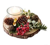 Portavelas de centro de mesa de Navidad, con acento de piñas y bayas, madera natural duradera, diseño minimalista moderno, adorno festivo de sobremesa o repisa de chimenea (C)