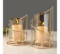 Portavelas y jarrón de huracán de doble uso: decoración vintage con cristal, juego de 2 portavelas decorativos dorados, maceta para velas de pilar, boda, Navidad, comedor, centro de mesa