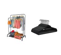 PORTENTUM Perchero Burro Ropa Metálico Reforzado con Ruedas y Doble Barra + 30 Perchas de Terciopelo Antideslizantes Ultra Finas | Solución Completa de Almacenamiento y Ahorro de Espacio