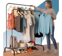 PORTENTUM Perchero burro ropa resistente de acero - hasta 35 kg - Organizador con doble barra y zapatero - Percheros de pie con pies antideslizantes - Tapas anti-caída para perchas - Montaje rápido