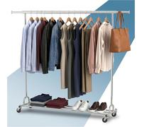 PORTENTUM Perchero burro ropa resistente extensible con ruedas y frenos - hasta 130 kg de carga - Organizador ropa de acero de 45 x (160-200) x 161,5 cm - Percheros de pie con almacenaje inferior