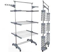 PORTENTUM Tendedero Vertical Plegable 14 cm - 5 Niveles y 58 Ganchos para Perchas - hasta 40 kg - Tenderete 24 Barras de Secado de Acero Inoxidable - Interior y Exterior - Ruedas giratorias con Freno